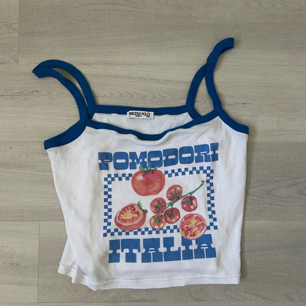 Princess Polly White and Blue Camisole with Tomato Print